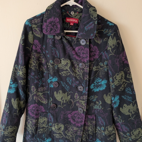 Target Merona Womens Med Long Pea Coat Purple Floral Whimsigoth Cottage Coquette - Picture 3 of 7